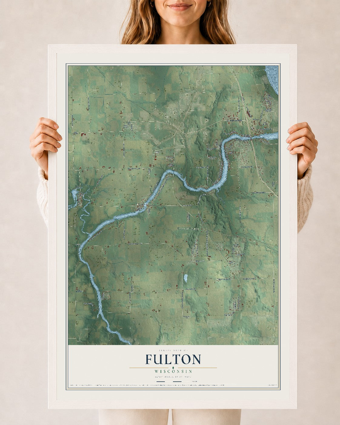 Map of Fulton, Wisconsin, 24 x 36 inch print in a white wood frame