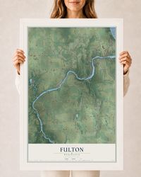 Map of Fulton, Wisconsin, 24 x 36 inch print in a white wood frame