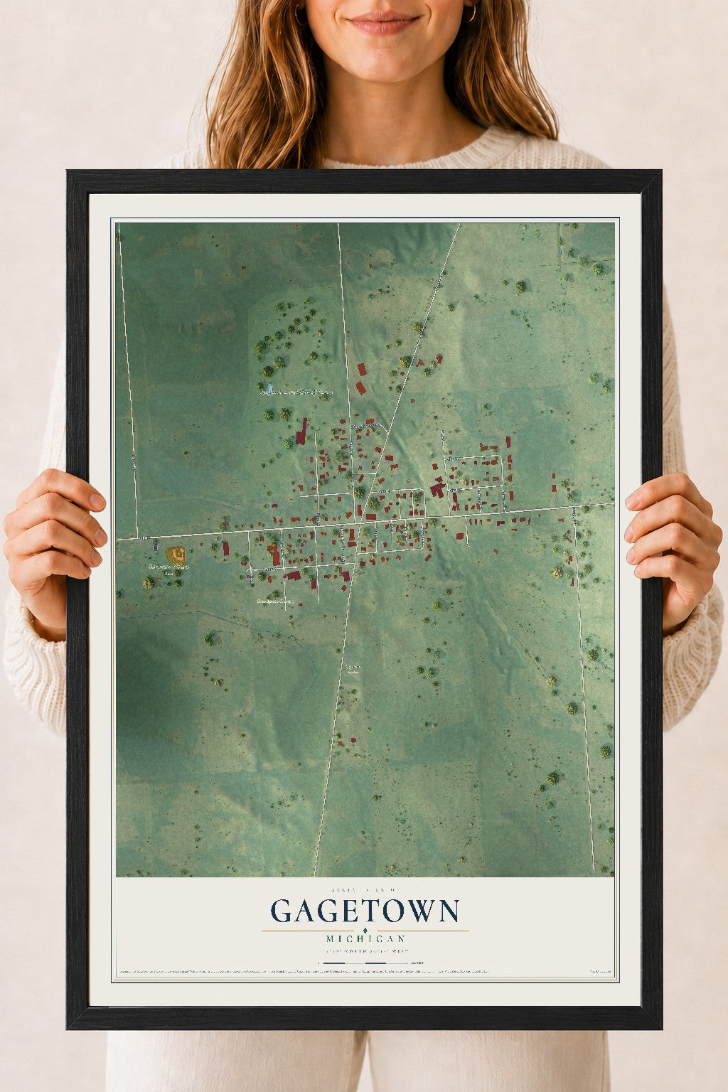 Map of Gagetown, Michigan, 18 x 24 inch print in a black wood frame