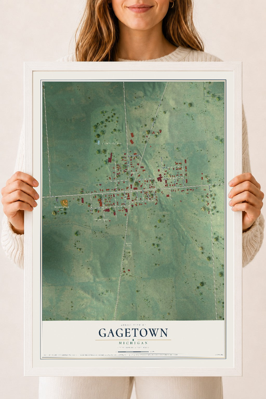 Map of Gagetown, Michigan, 18 x 24 inch print in a white wood frame