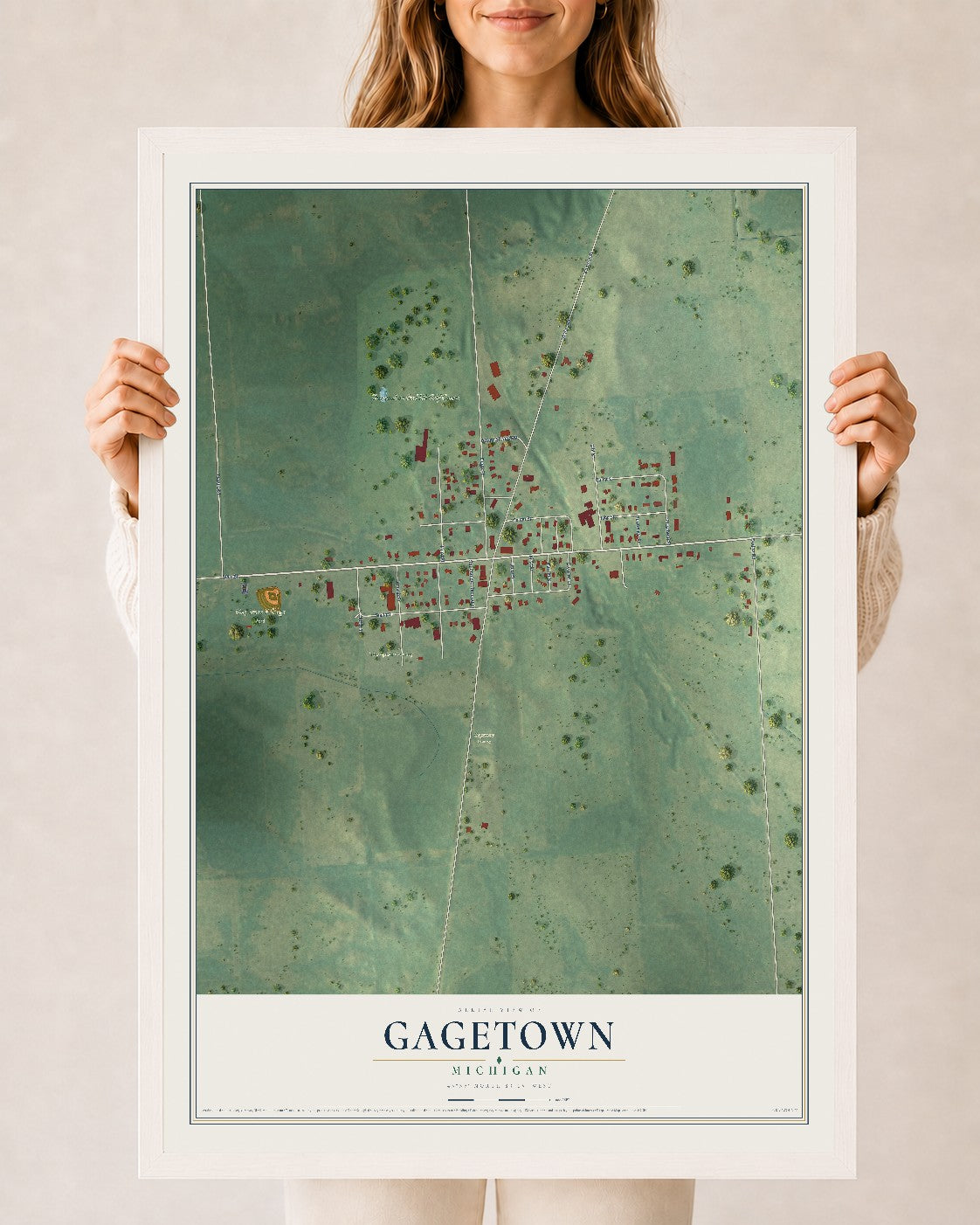 Map of Gagetown, Michigan, 24 x 36 inch print in a white wood frame