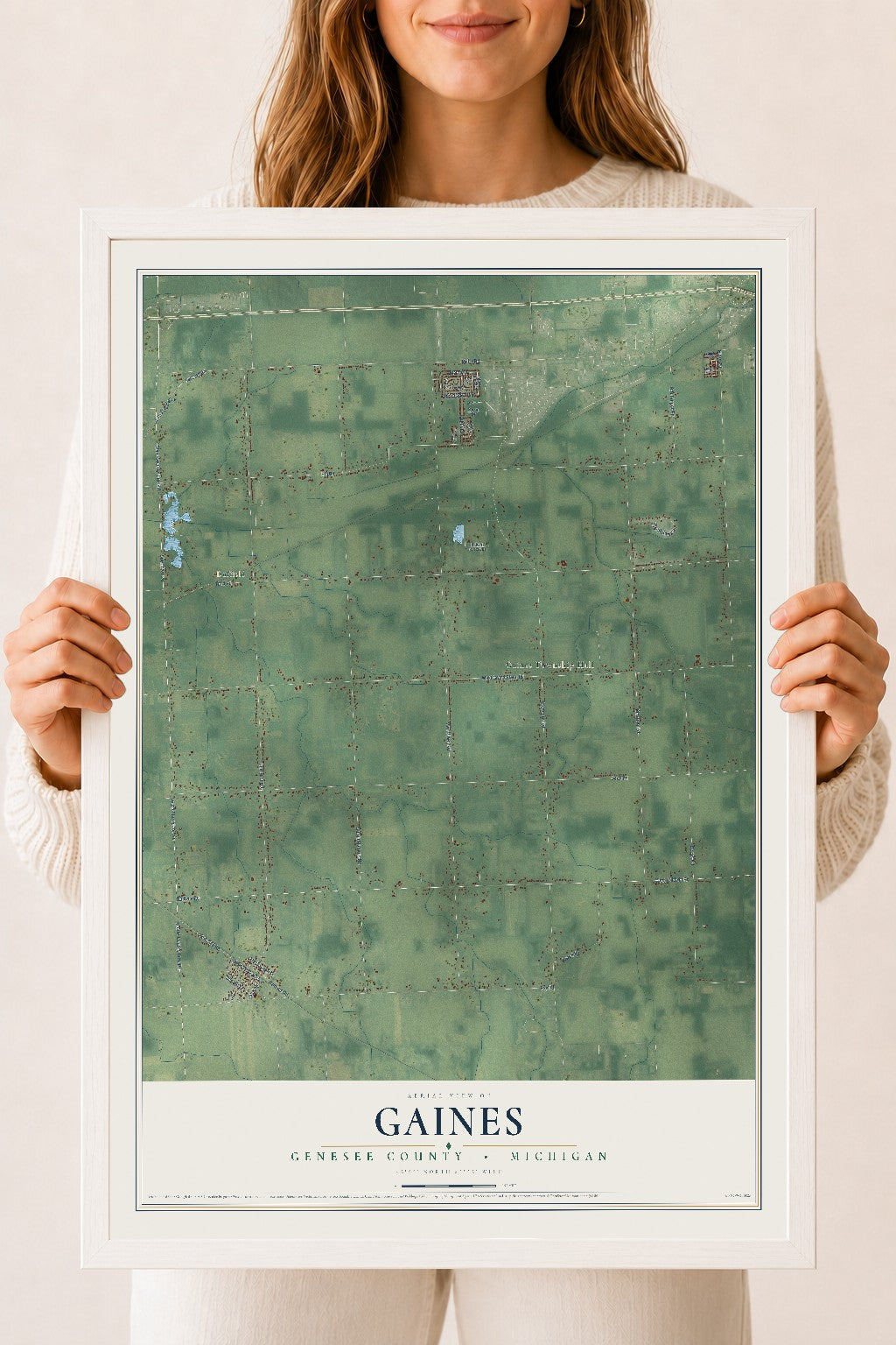 Map of Gaines, Genesee County, Michigan, 18 x 24 inch print in a white wood frame
