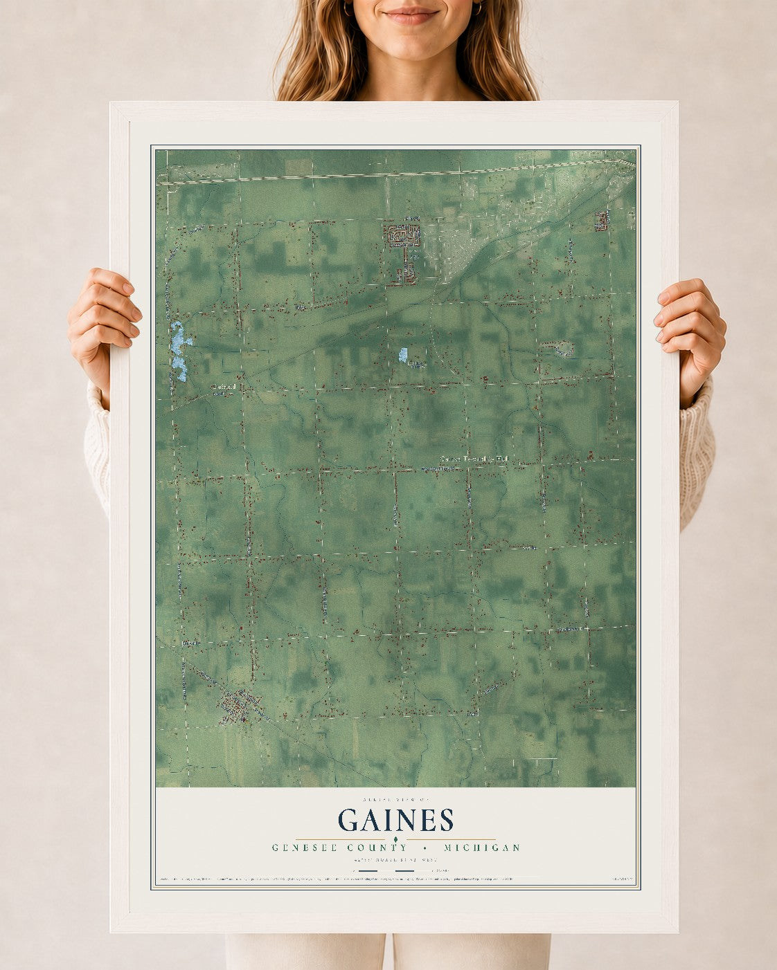 Map of Gaines, Genesee County, Michigan, 24 x 36 inch print in a white wood frame