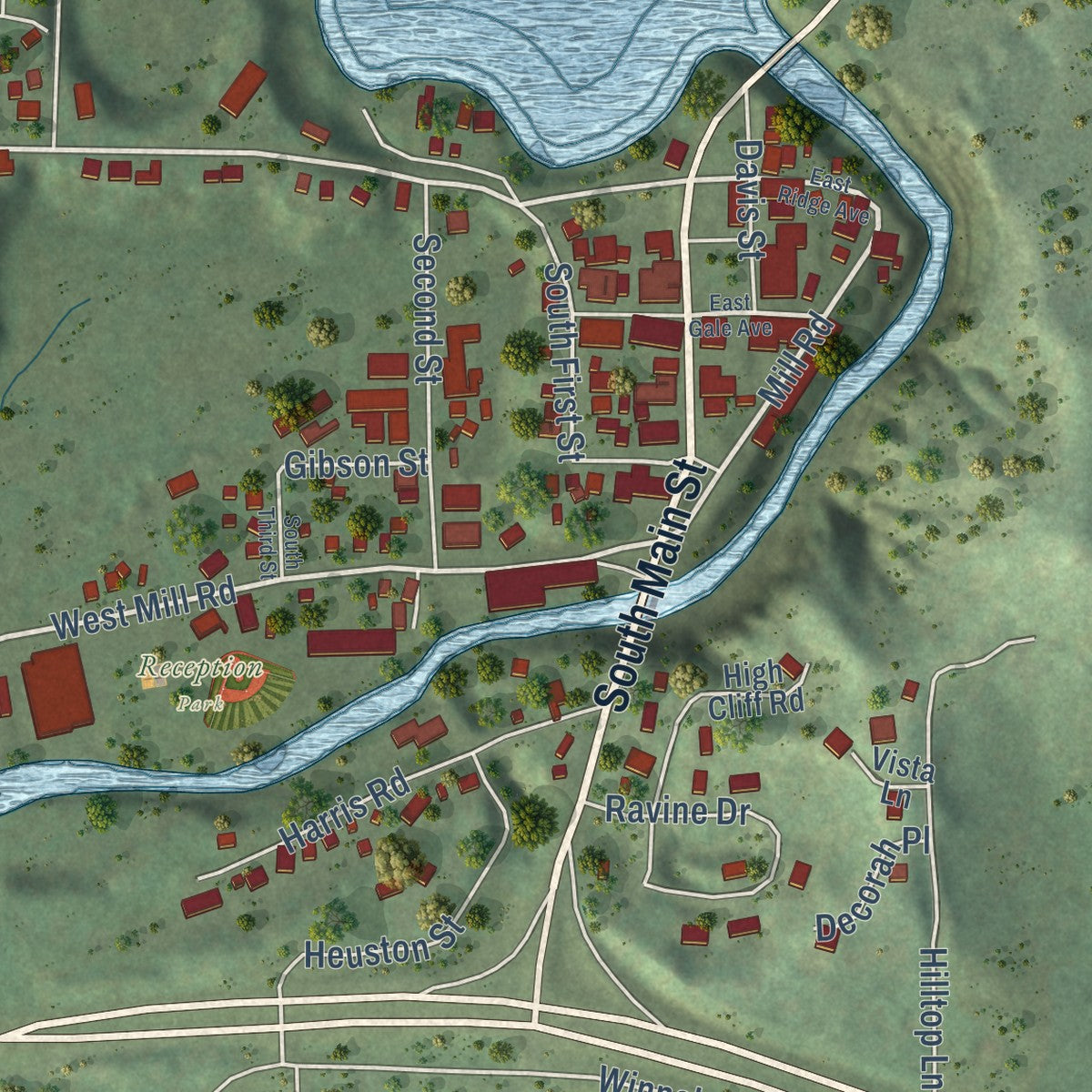 Close-up of the map of Galesville, Wisconsin print showing street and building detail