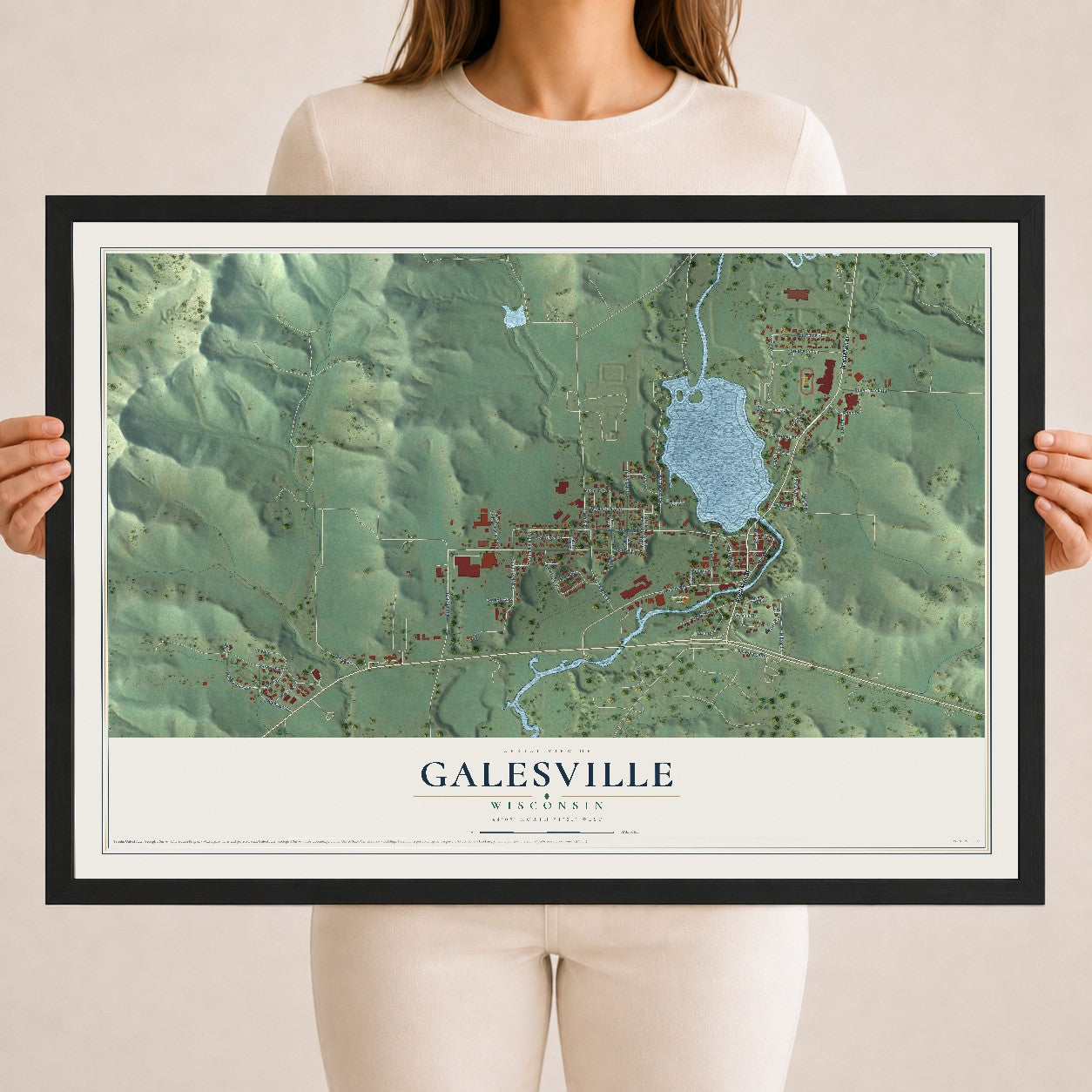 Map of Galesville, Wisconsin, 18 x 24 inch print in a black wood frame