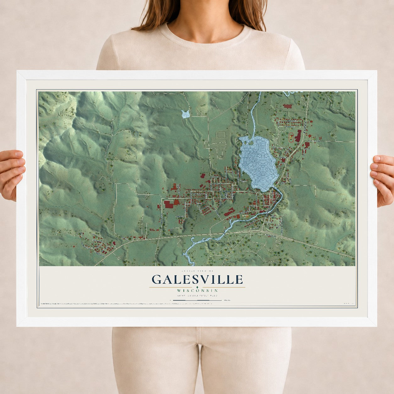 Map of Galesville, Wisconsin, 18 x 24 inch print in a white wood frame