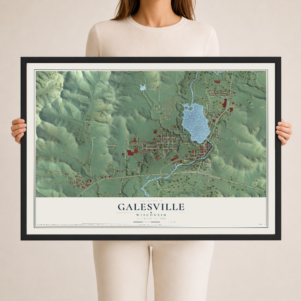 Map of Galesville, Wisconsin, 24 x 36 inch print in a black wood frame