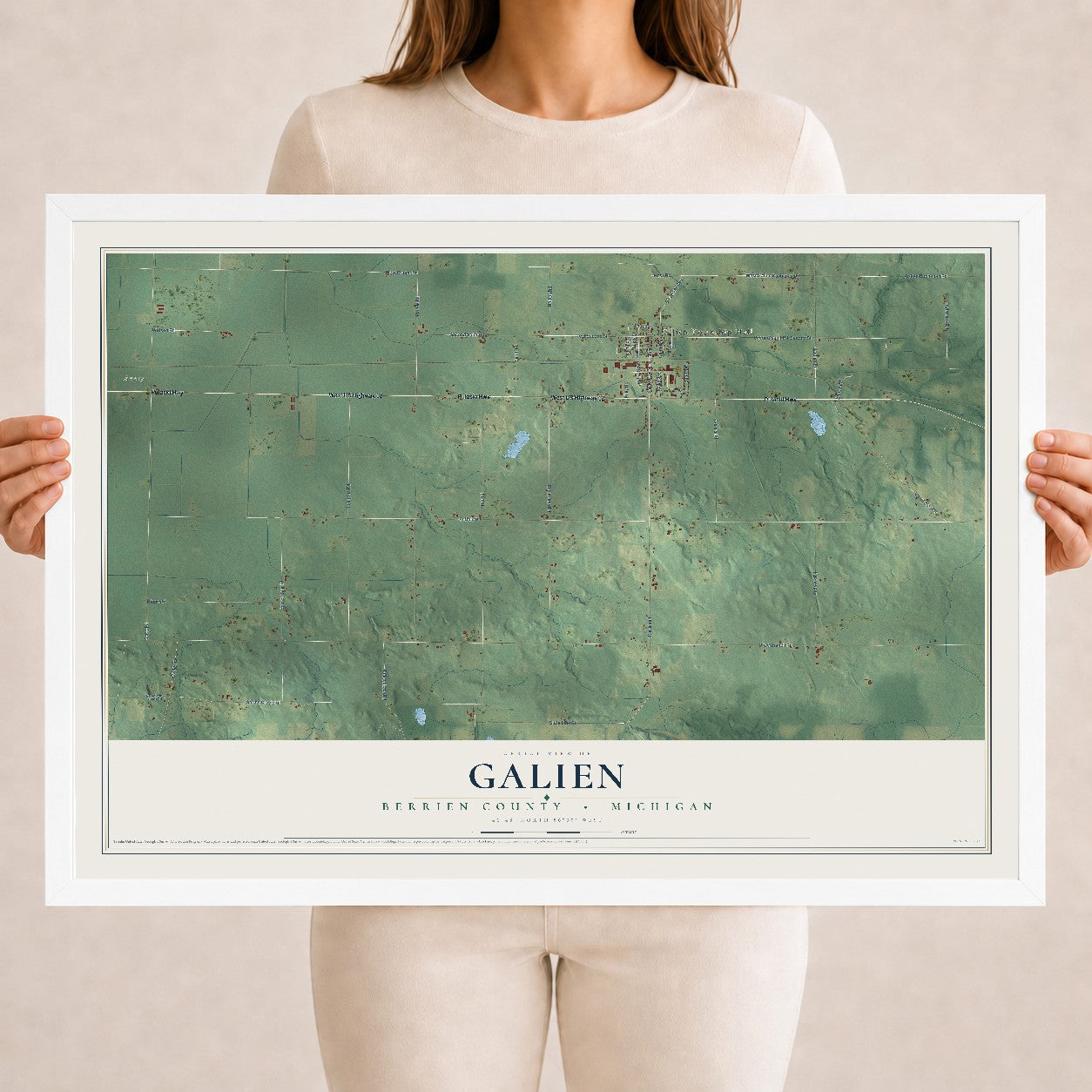 Map of Galien, Berrien County, Michigan, 18 x 24 inch print in a white wood frame