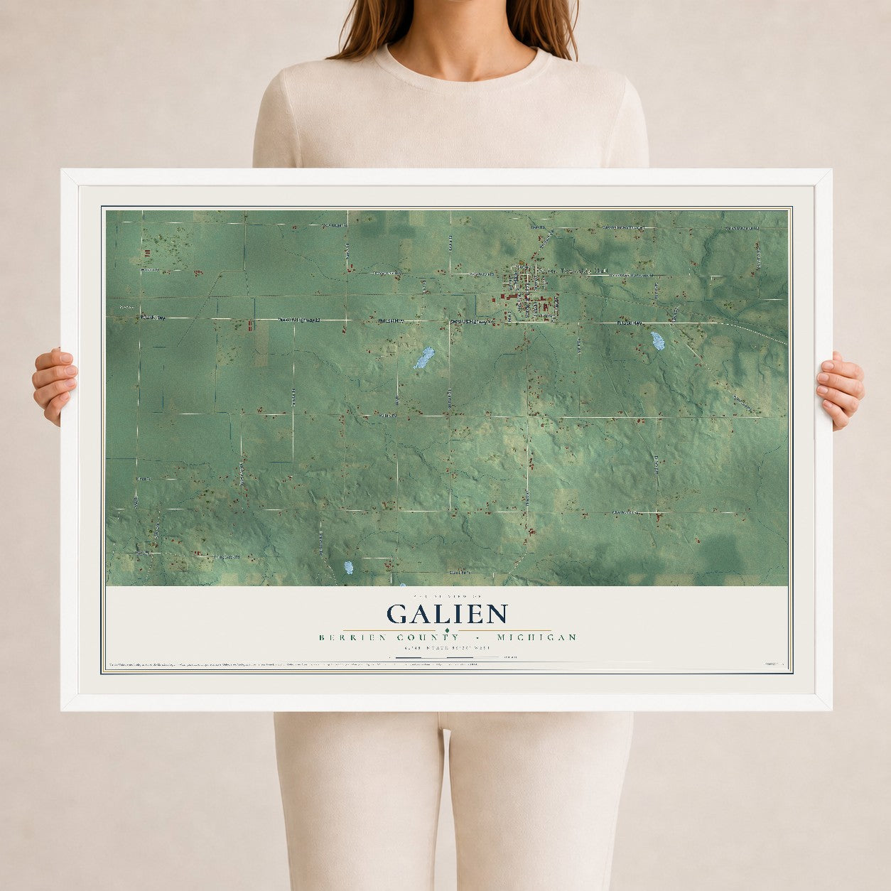 Map of Galien, Berrien County, Michigan, 24 x 36 inch print in a white wood frame