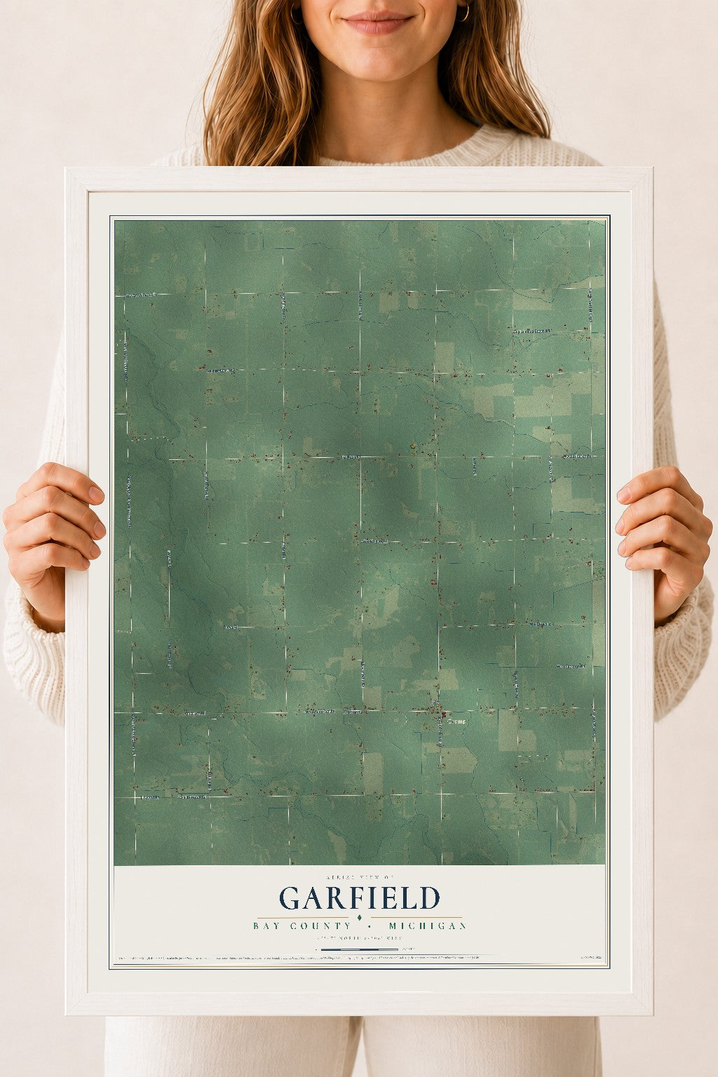 Map of Garfield, Bay County, Michigan, 18 x 24 inch print in a white wood frame