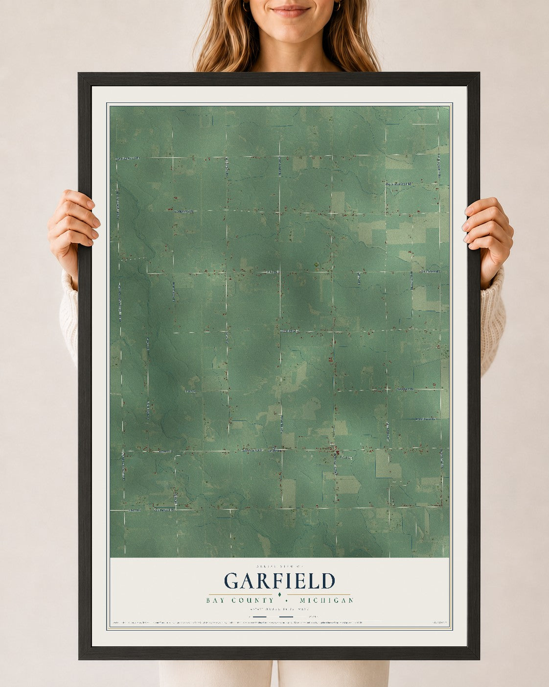 Map of Garfield, Bay County, Michigan, 24 x 36 inch print in a black wood frame
