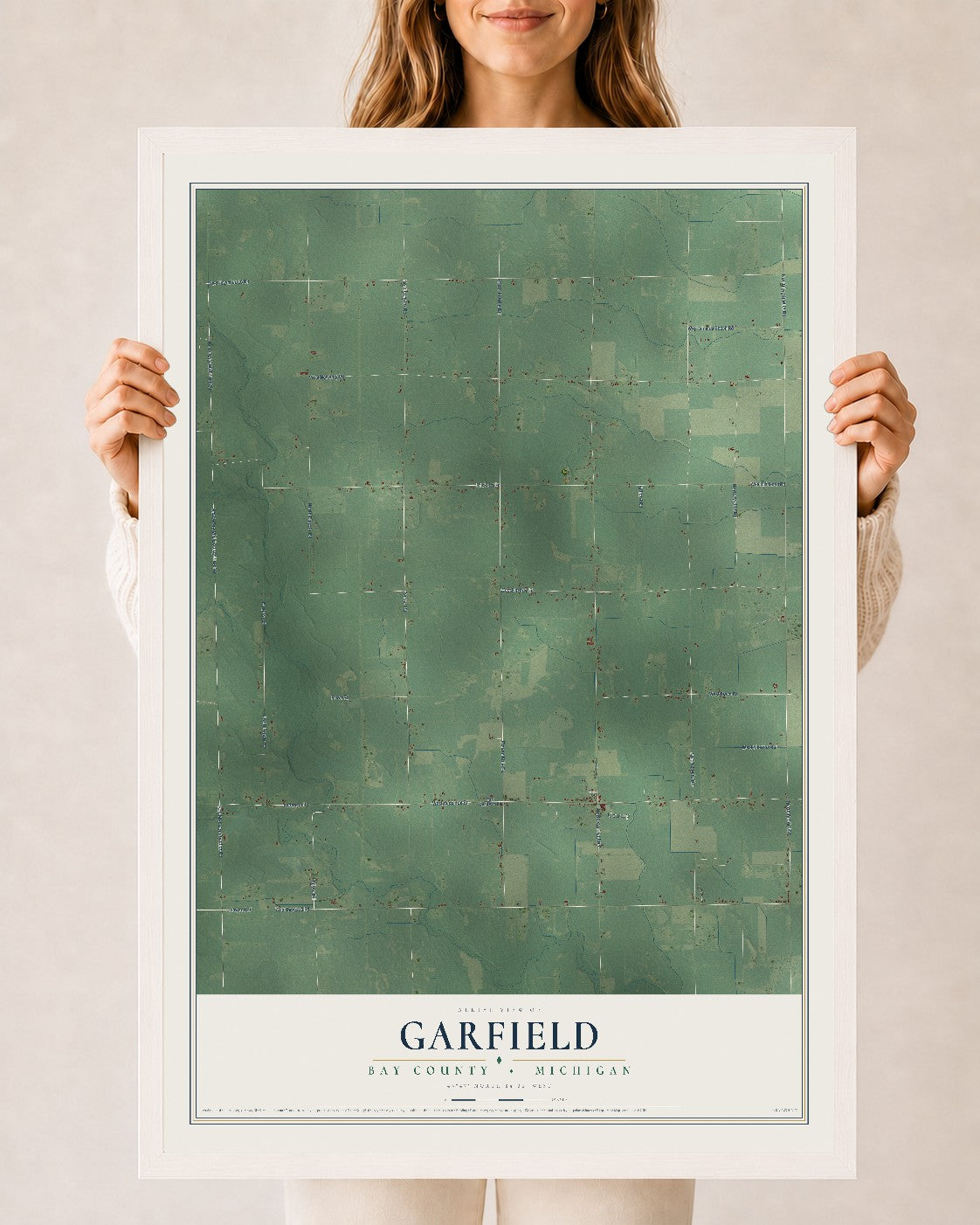 Map of Garfield, Bay County, Michigan, 24 x 36 inch print in a white wood frame