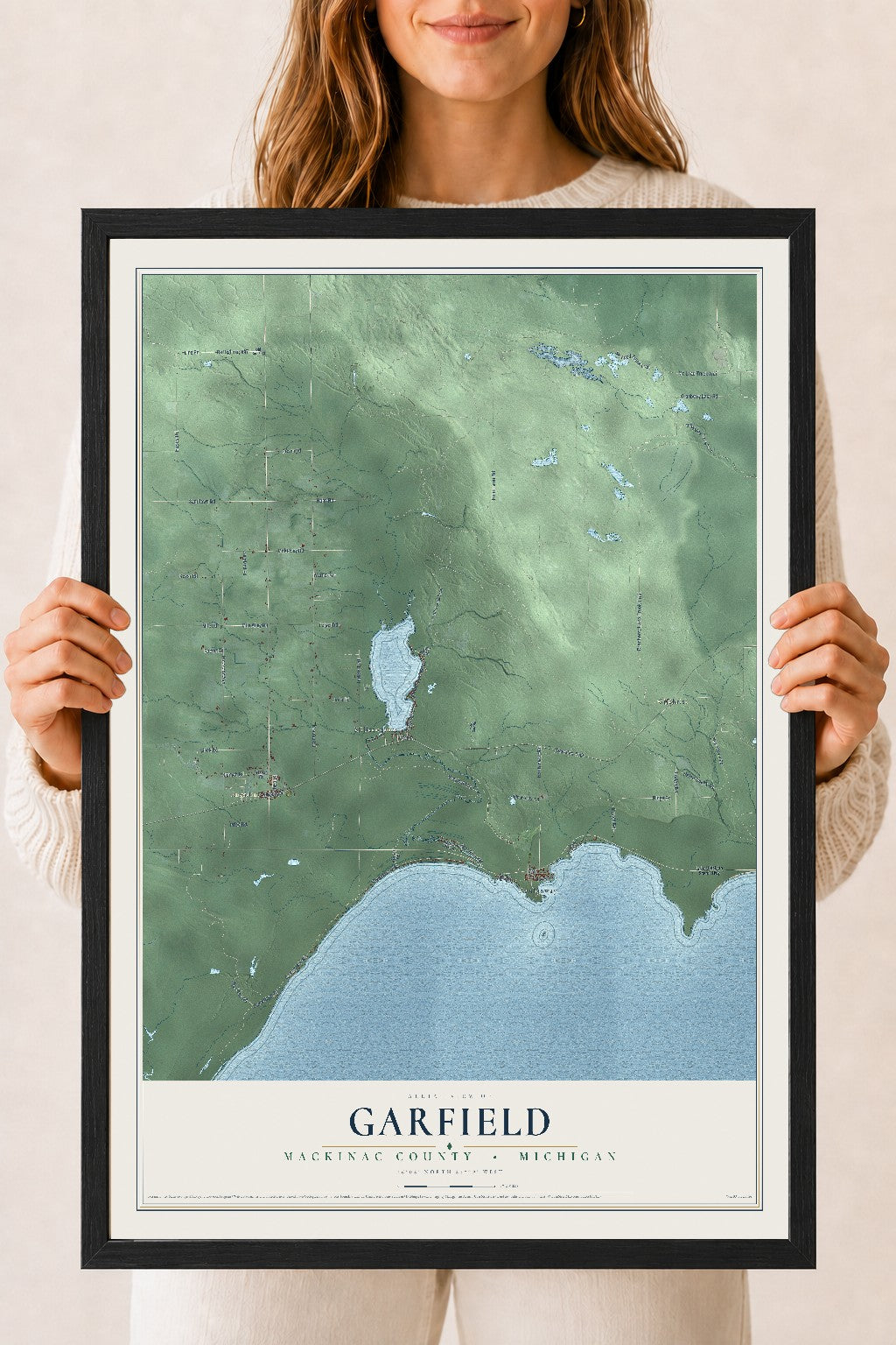 Map of Garfield, Mackinac County, Michigan, 18 x 24 inch print in a black wood frame