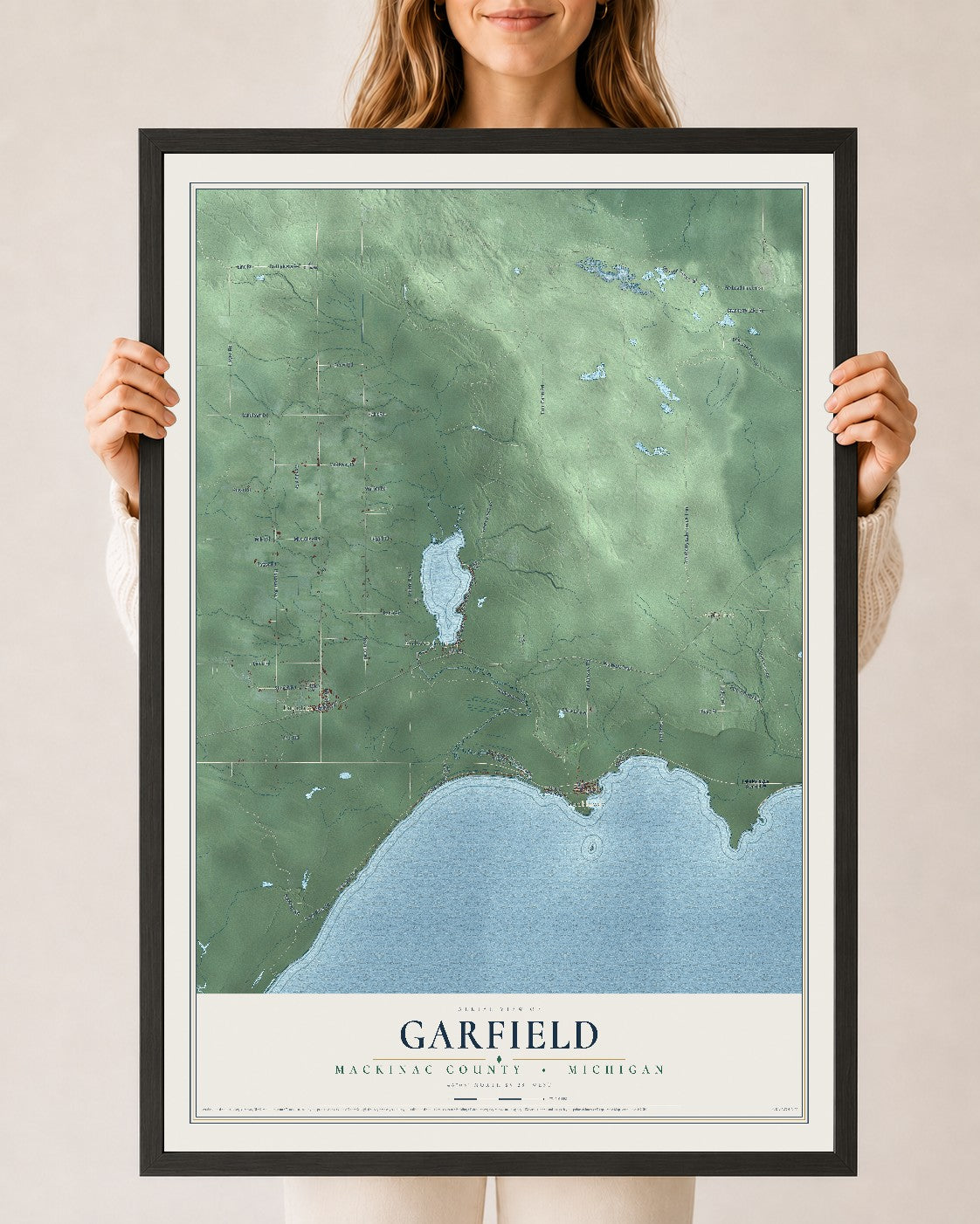 Map of Garfield, Mackinac County, Michigan, 24 x 36 inch print in a black wood frame