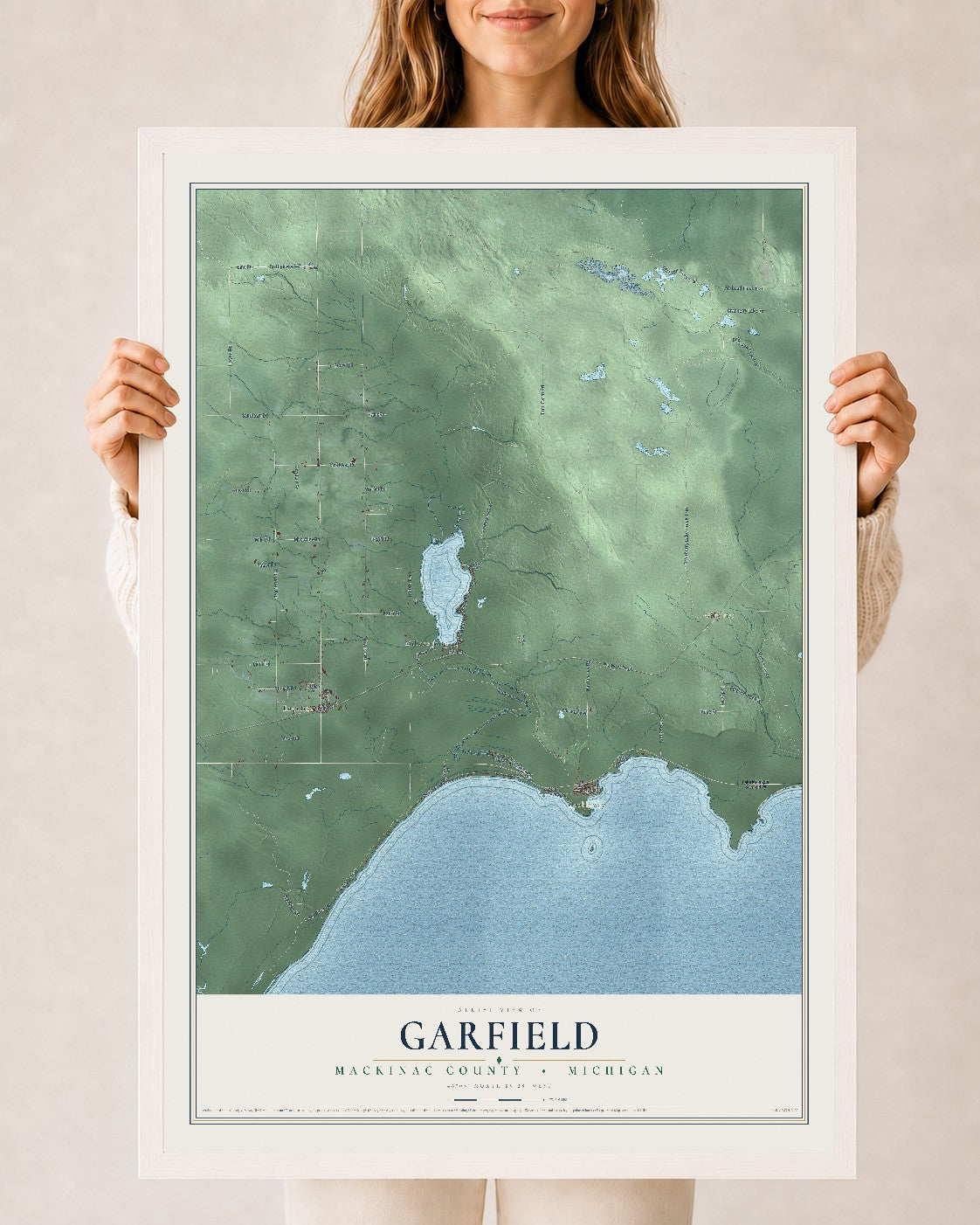 Map of Garfield, Mackinac County, Michigan, 24 x 36 inch print in a white wood frame
