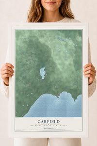 Map of Garfield, Mackinac County, Michigan, 18 x 24 inch print in a white wood frame