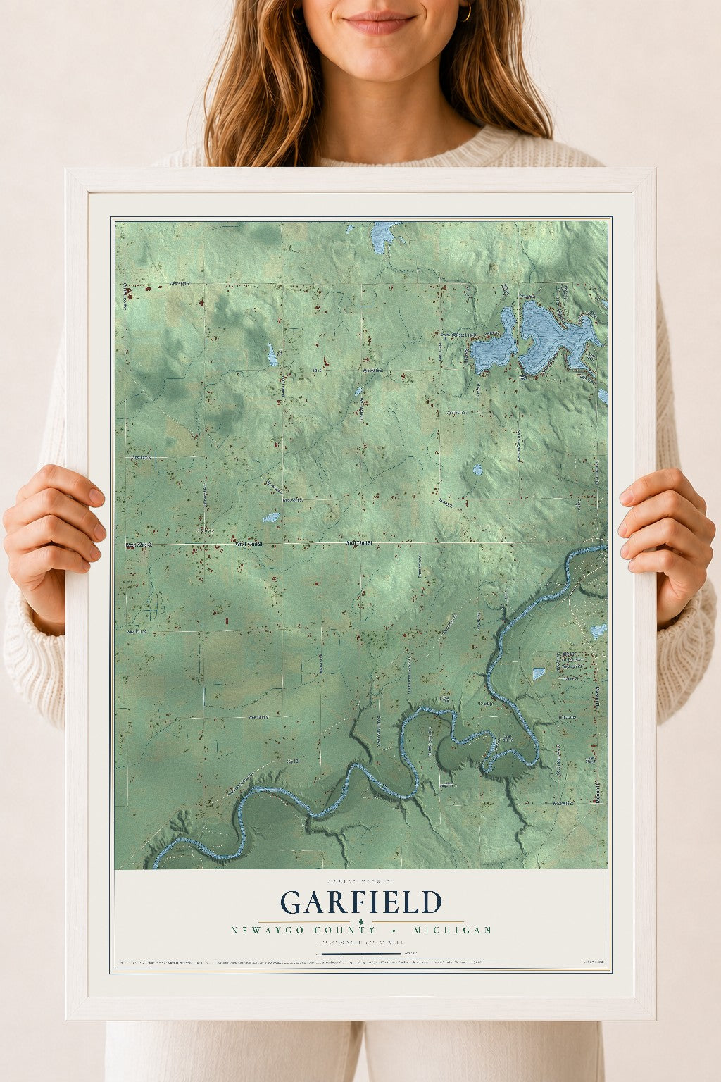 Map of Garfield, Newaygo County, Michigan, 18 x 24 inch print in a white wood frame
