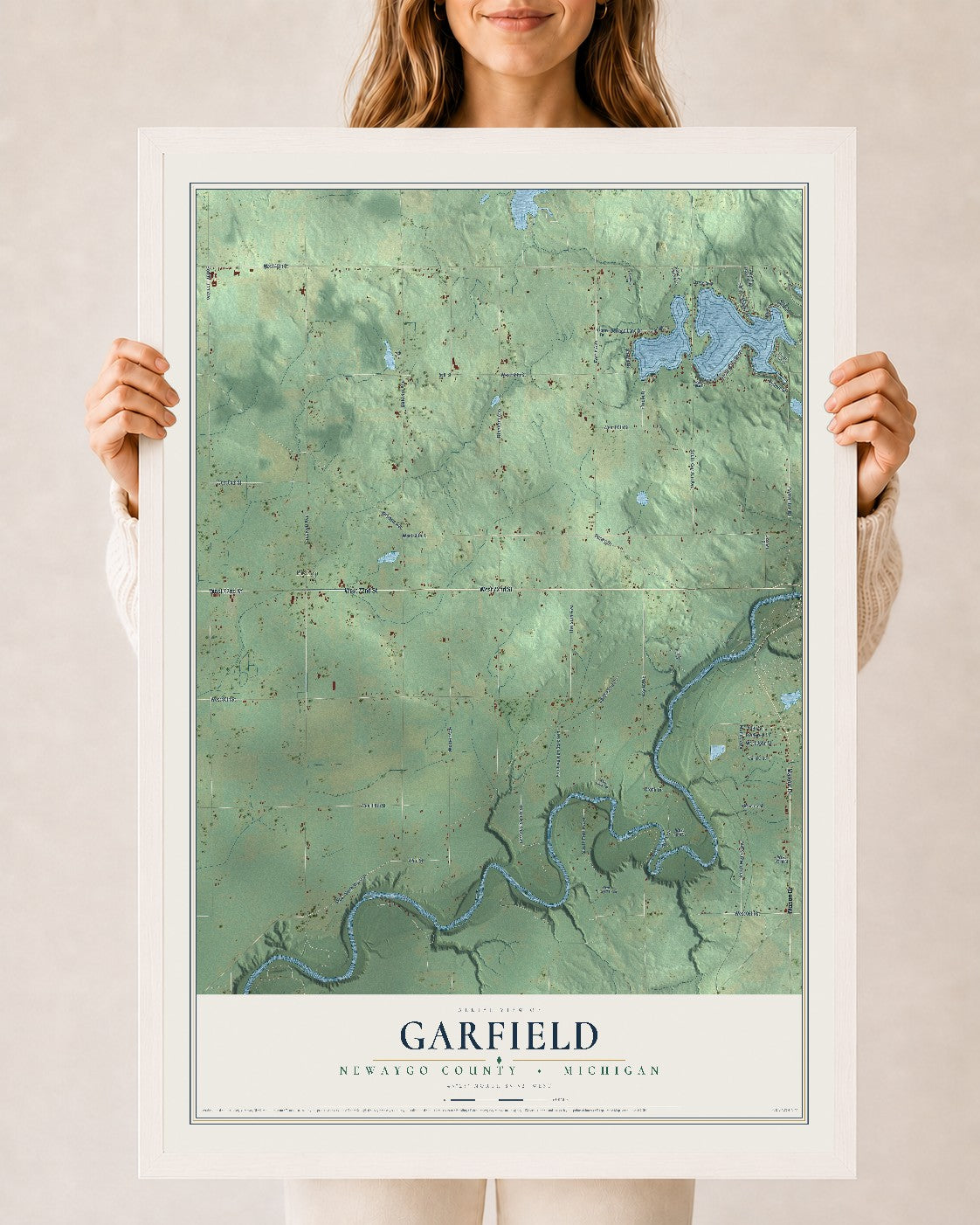Map of Garfield, Newaygo County, Michigan, 24 x 36 inch print in a white wood frame