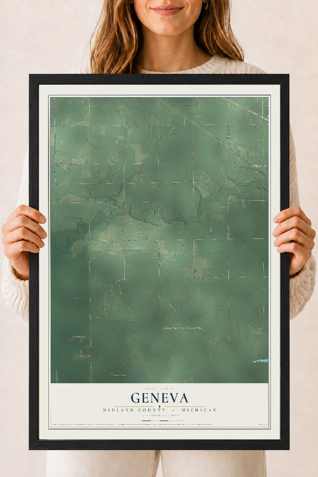 Map of Geneva, Midland County, Michigan, 18 x 24 inch print in a black wood frame