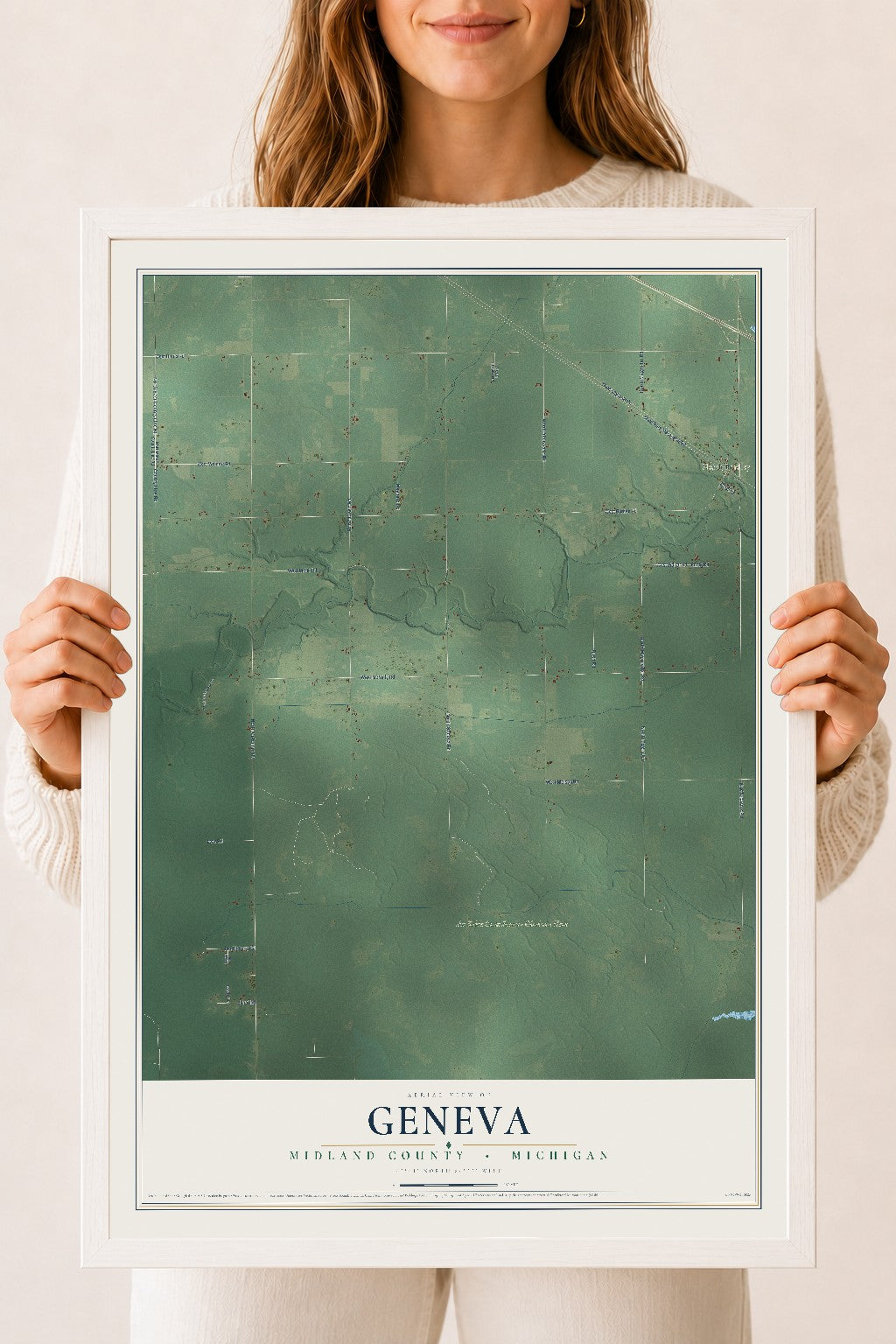 Map of Geneva, Midland County, Michigan, 18 x 24 inch print in a white wood frame