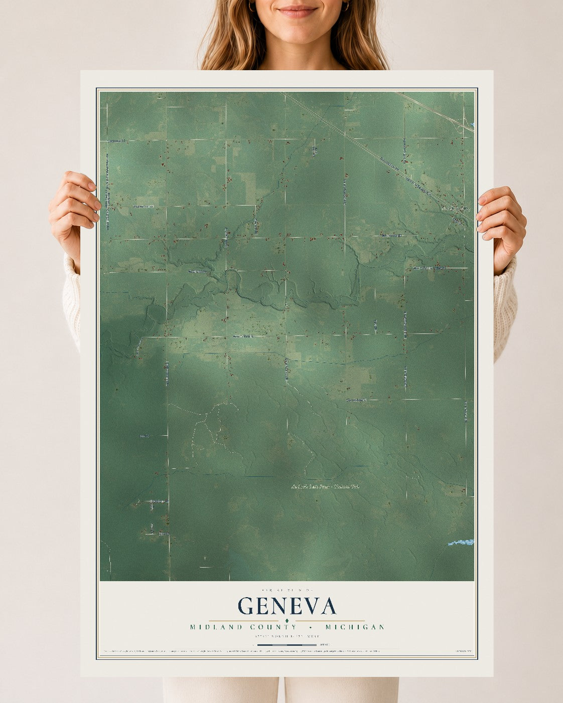 Map of Geneva, Midland County, Michigan, 24 x 36 inch unframed archival matte print