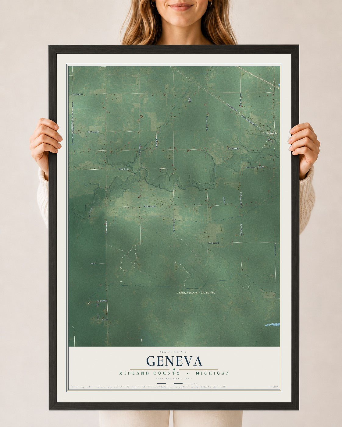 Map of Geneva, Midland County, Michigan, 24 x 36 inch print in a black wood frame
