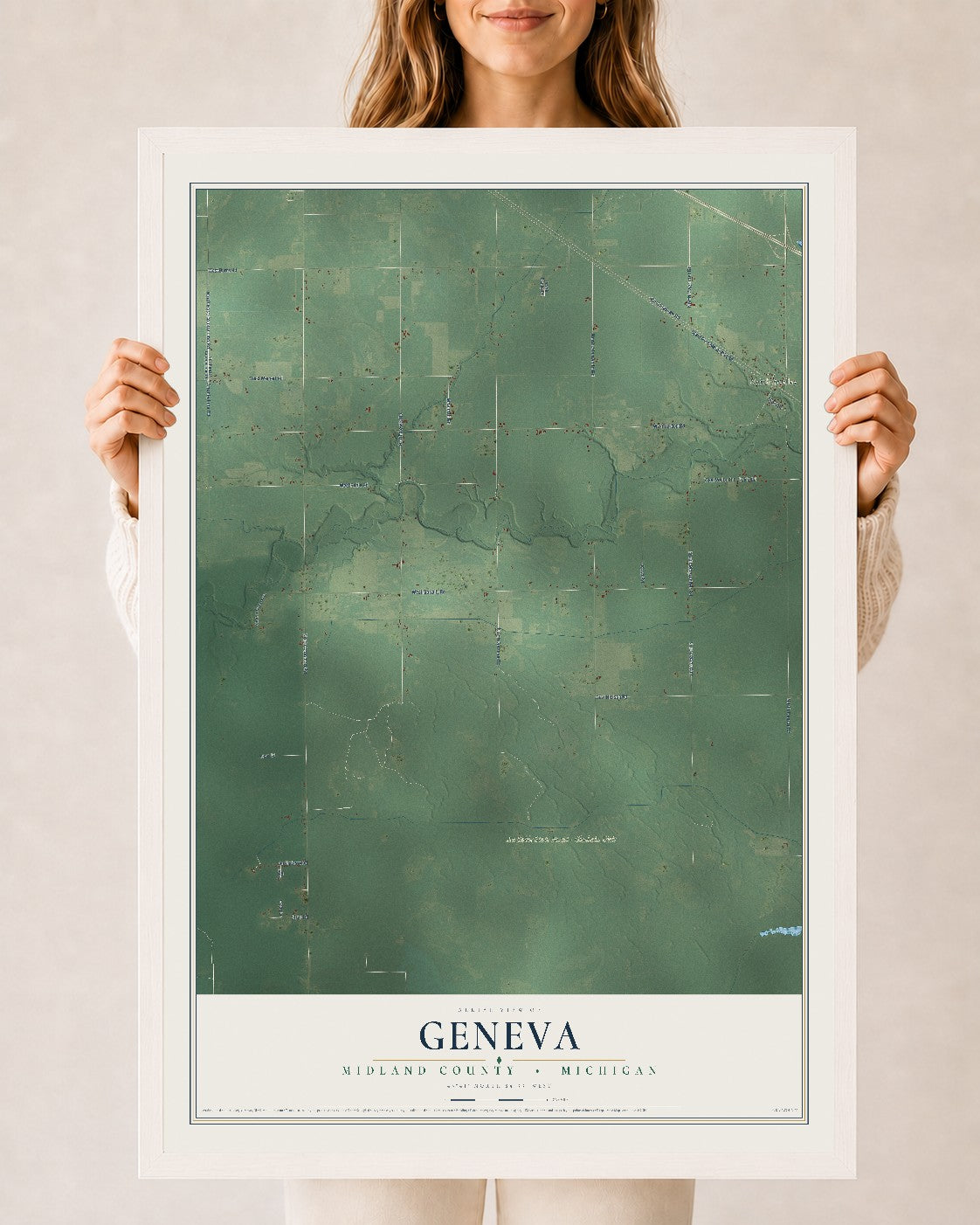 Map of Geneva, Midland County, Michigan, 24 x 36 inch print in a white wood frame