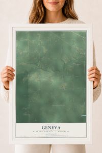 Map of Geneva, Midland County, Michigan, 18 x 24 inch print in a white wood frame