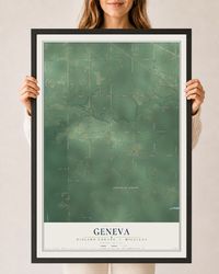 Map of Geneva, Midland County, Michigan, 24 x 36 inch print in a black wood frame