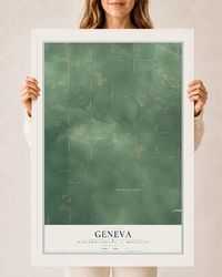 Map of Geneva, Midland County, Michigan, 24 x 36 inch print in a white wood frame
