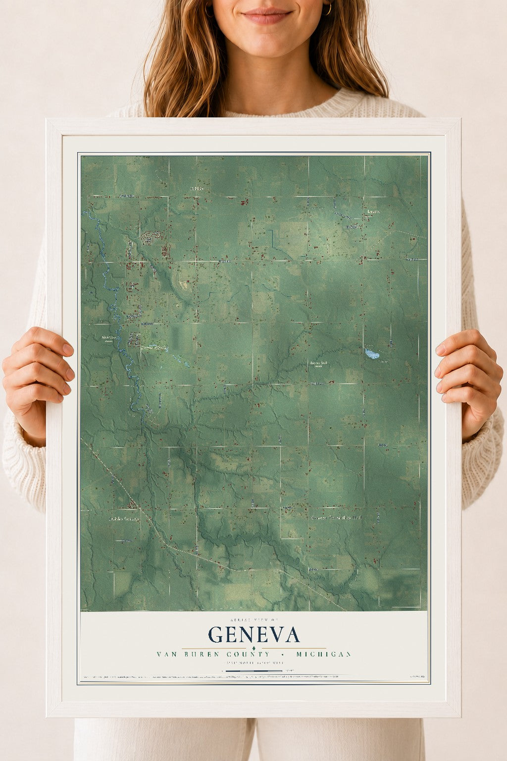 Map of Geneva, Van Buren County, Michigan, 18 x 24 inch print in a white wood frame