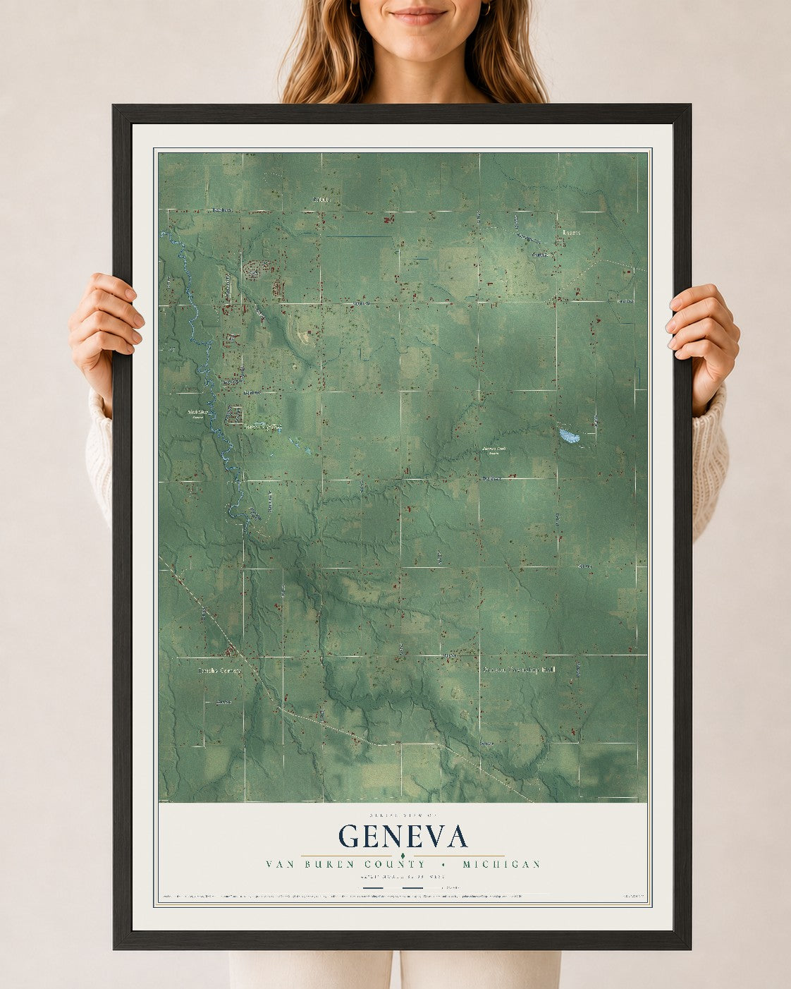 Map of Geneva, Van Buren County, Michigan, 24 x 36 inch print in a black wood frame