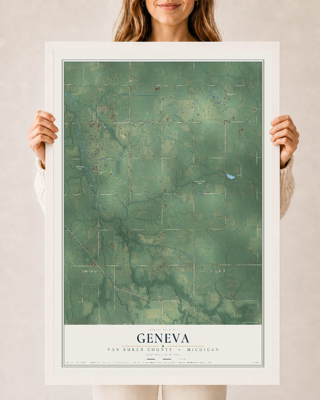 Map of Geneva, Van Buren County, Michigan, 24 x 36 inch print in a white wood frame