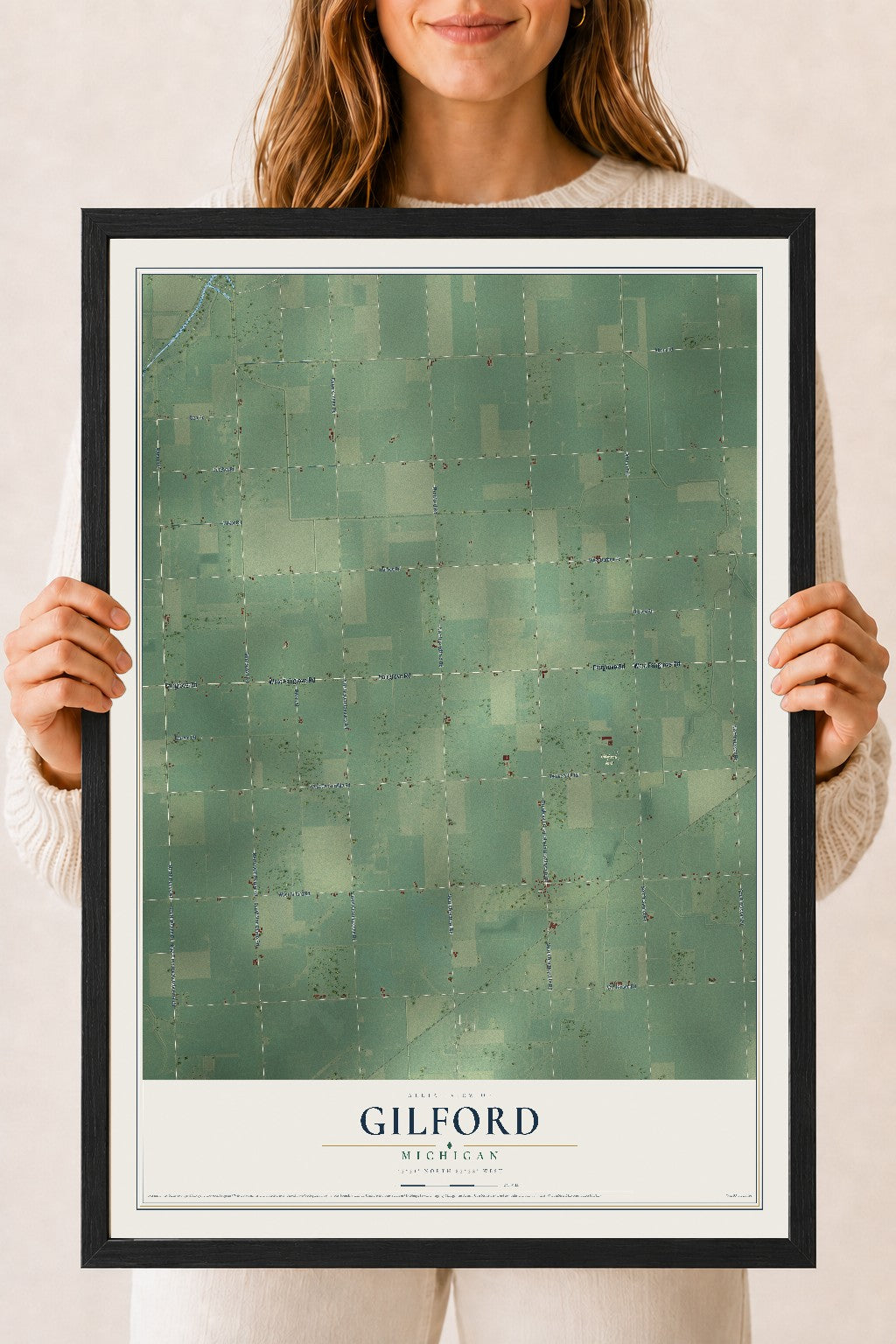 Map of Gilford, Michigan, 18 x 24 inch print in a black wood frame