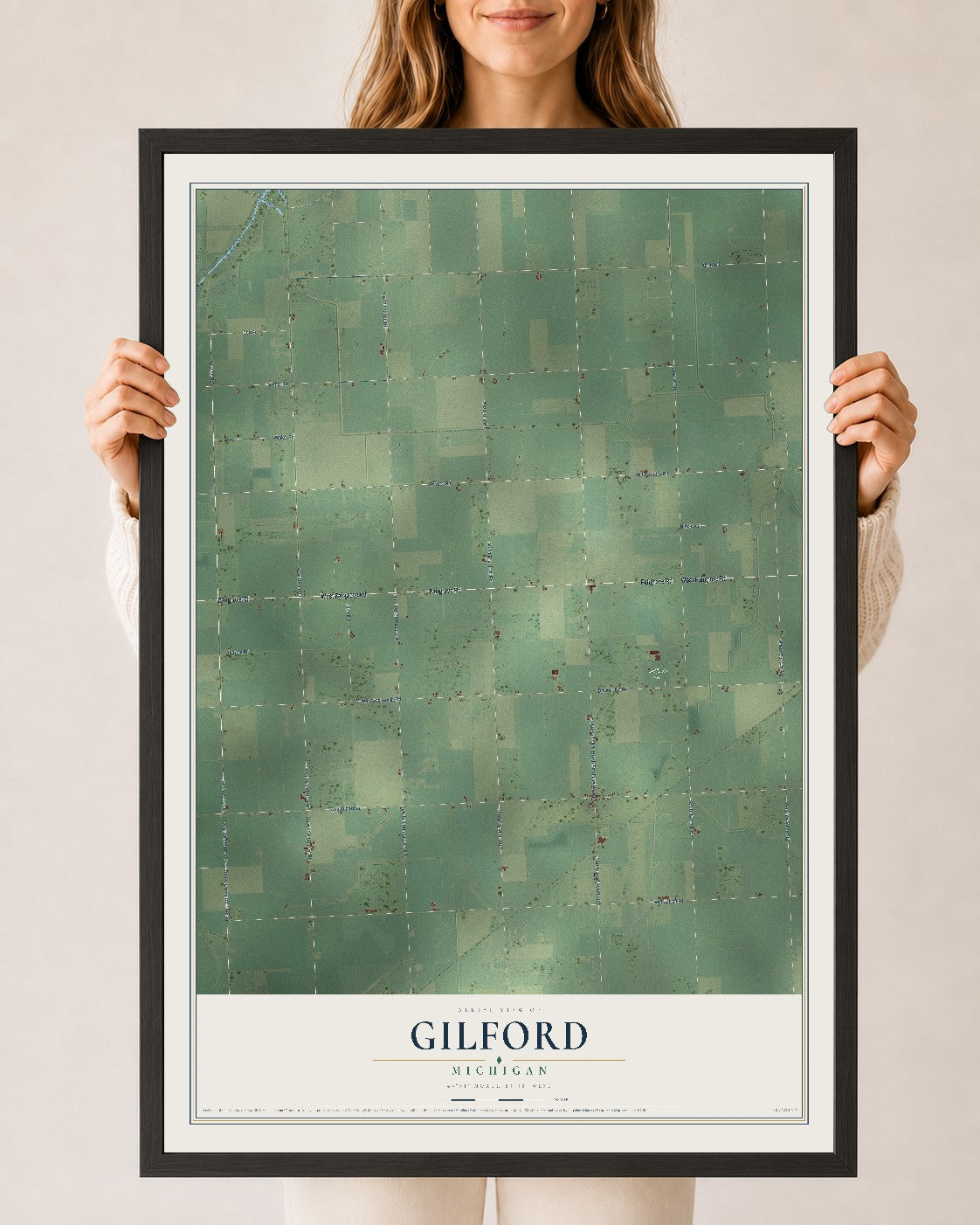 Map of Gilford, Michigan, 24 x 36 inch print in a black wood frame