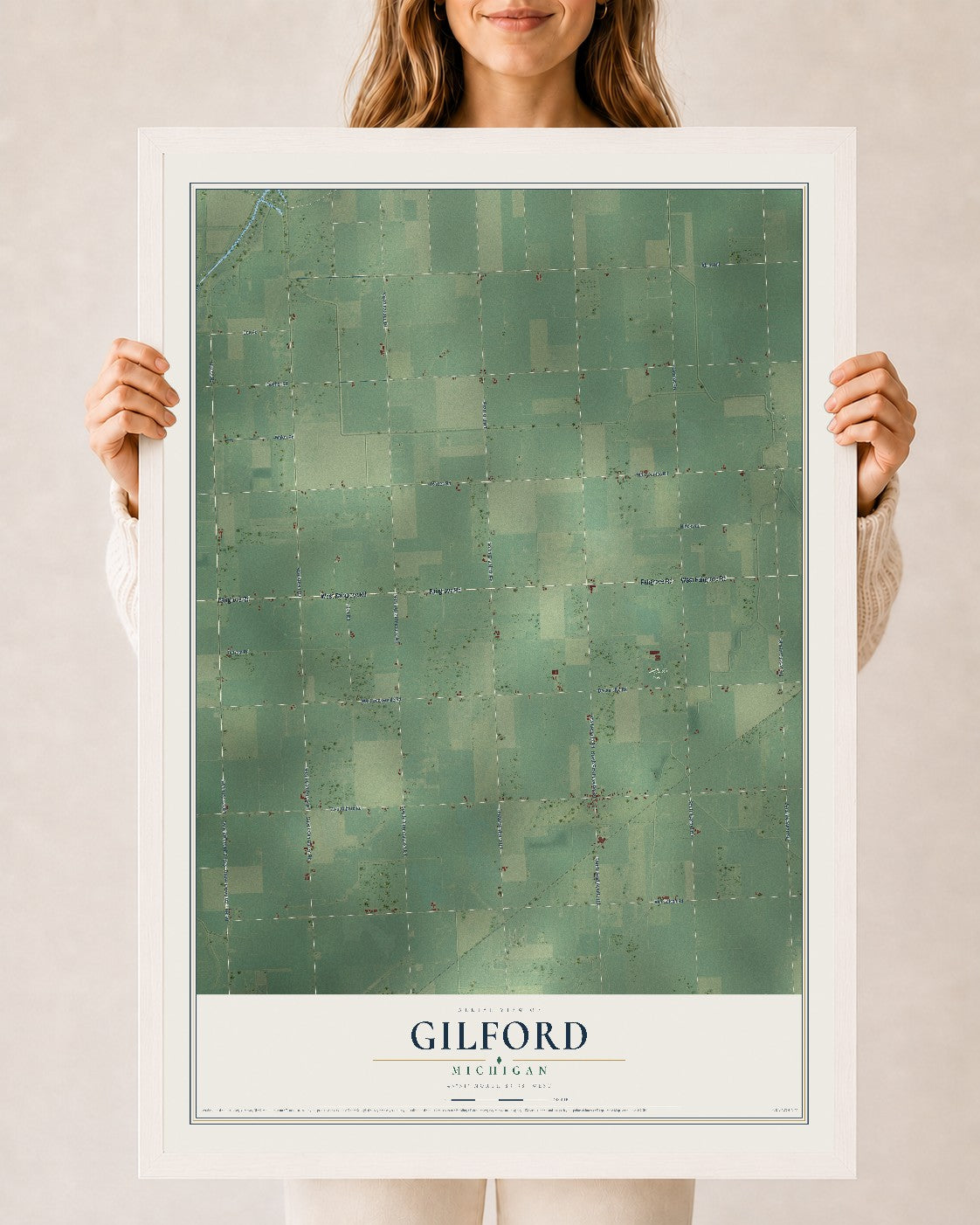 Map of Gilford, Michigan, 24 x 36 inch print in a white wood frame