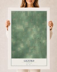 Map of Gilford, Michigan, 24 x 36 inch print in a white wood frame