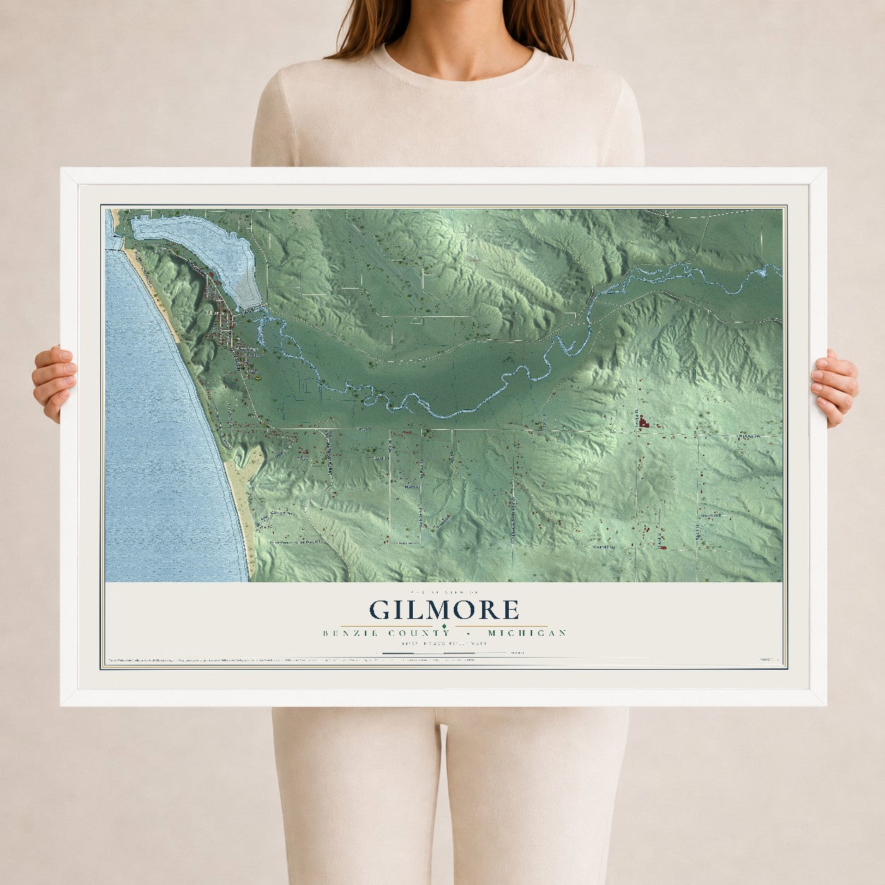 Map of Gilmore, Benzie County, Michigan, 24 x 36 inch print in a white wood frame