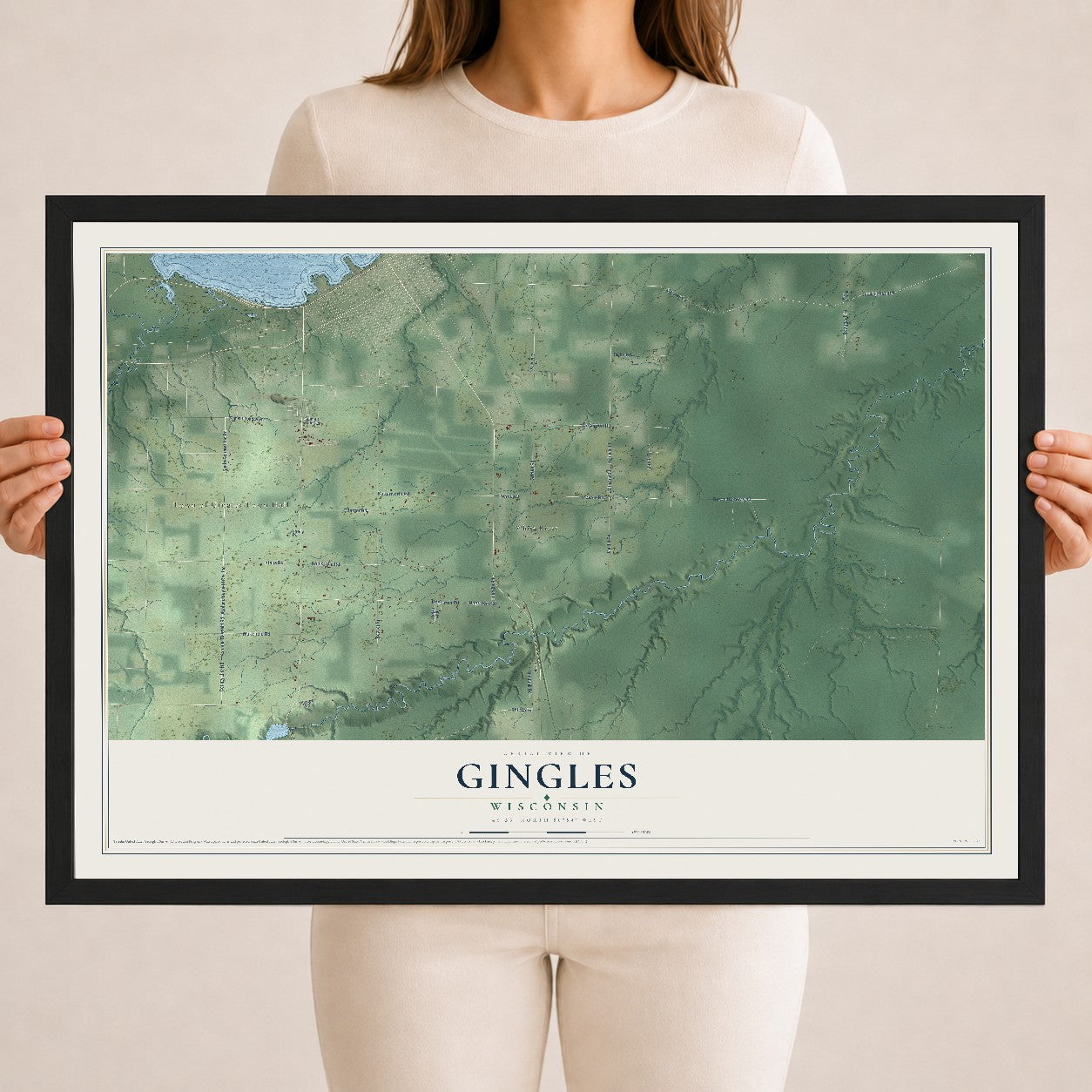 Map of Gingles, Wisconsin, 18 x 24 inch print in a black wood frame