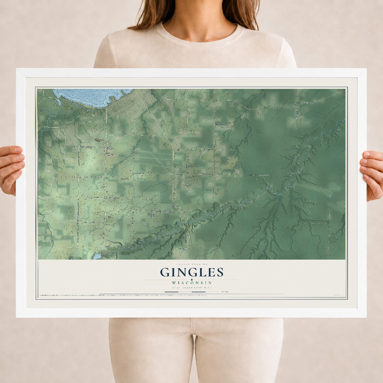 Map of Gingles, Wisconsin, 18 x 24 inch print in a white wood frame