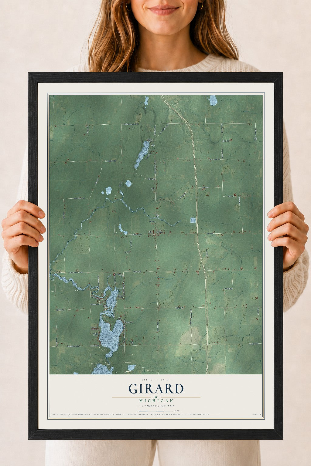Map of Girard, Michigan, 18 x 24 inch print in a black wood frame