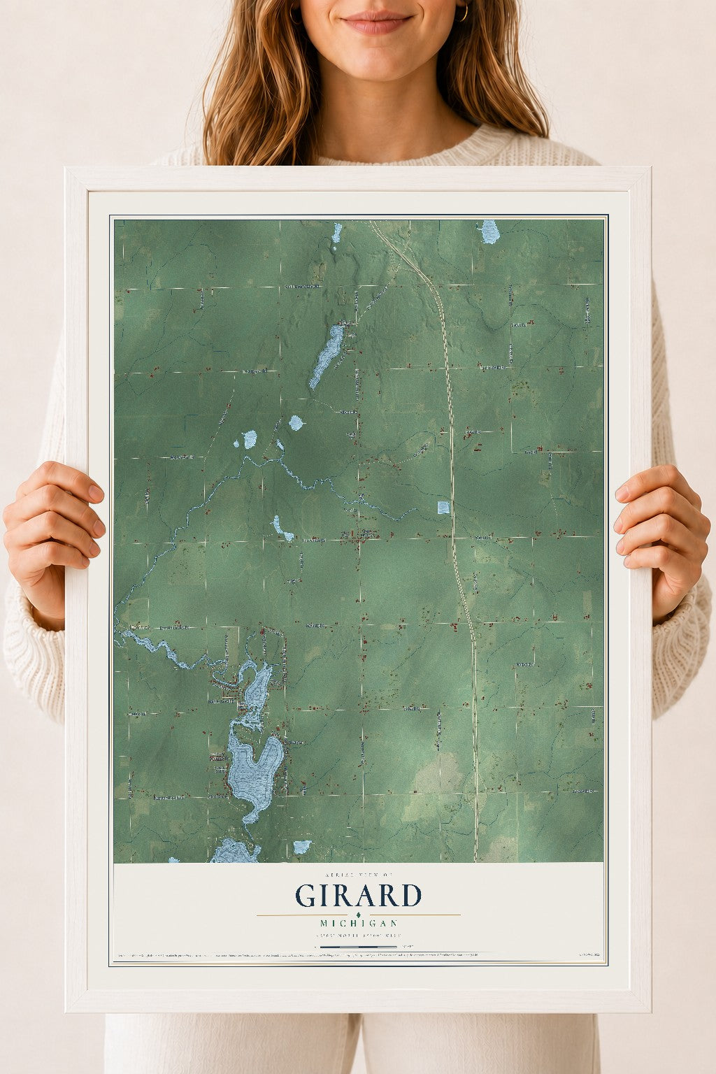 Map of Girard, Michigan, 18 x 24 inch print in a white wood frame