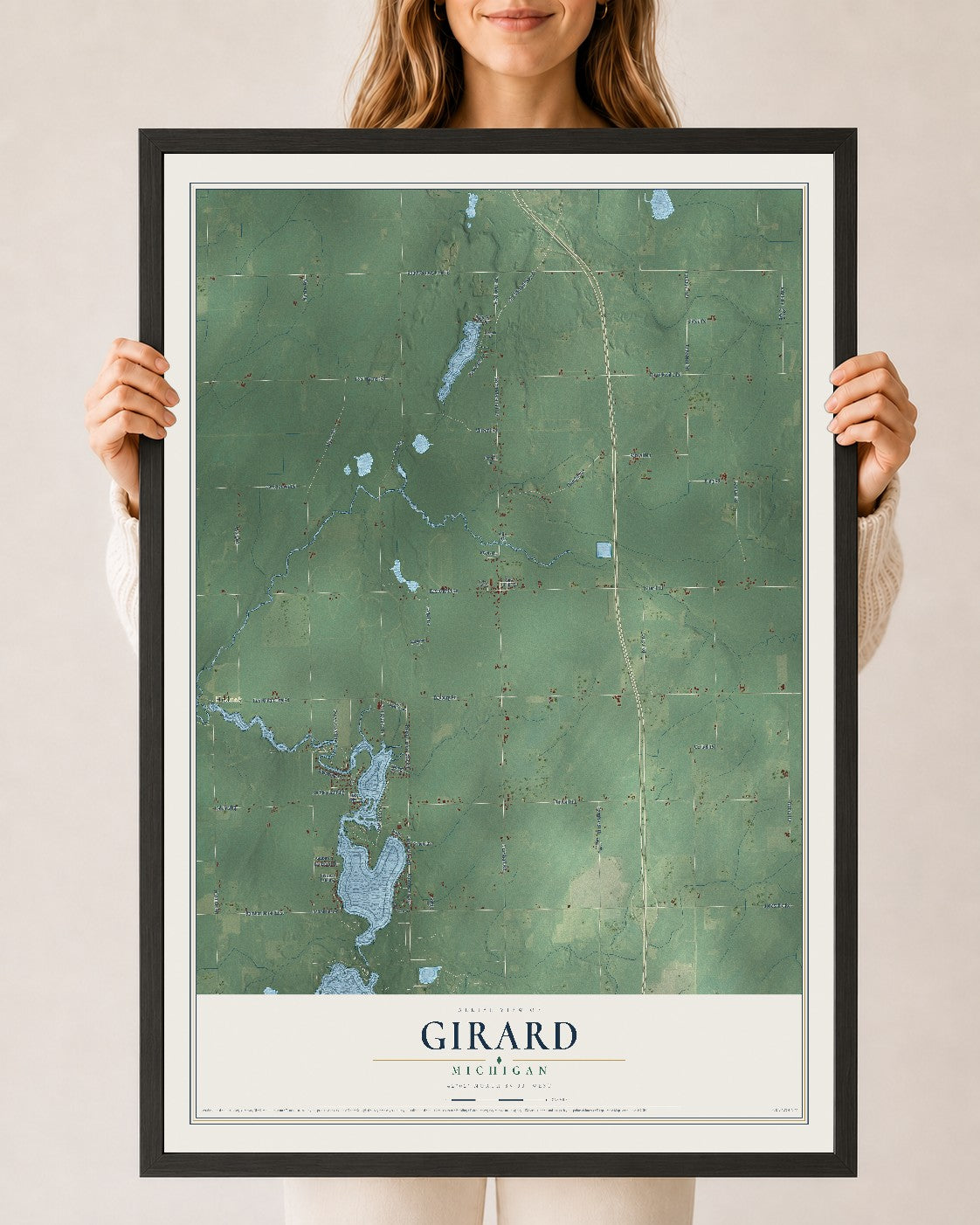 Map of Girard, Michigan, 24 x 36 inch print in a black wood frame