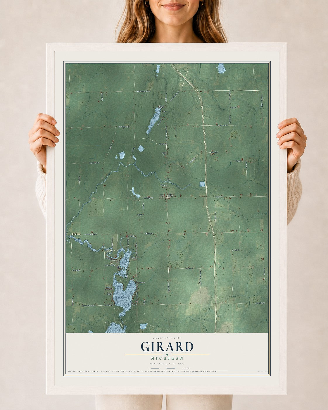 Map of Girard, Michigan, 24 x 36 inch print in a white wood frame