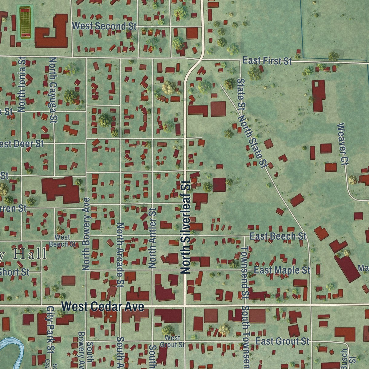 Close-up of the map of Gladwin, Michigan print showing street and building detail
