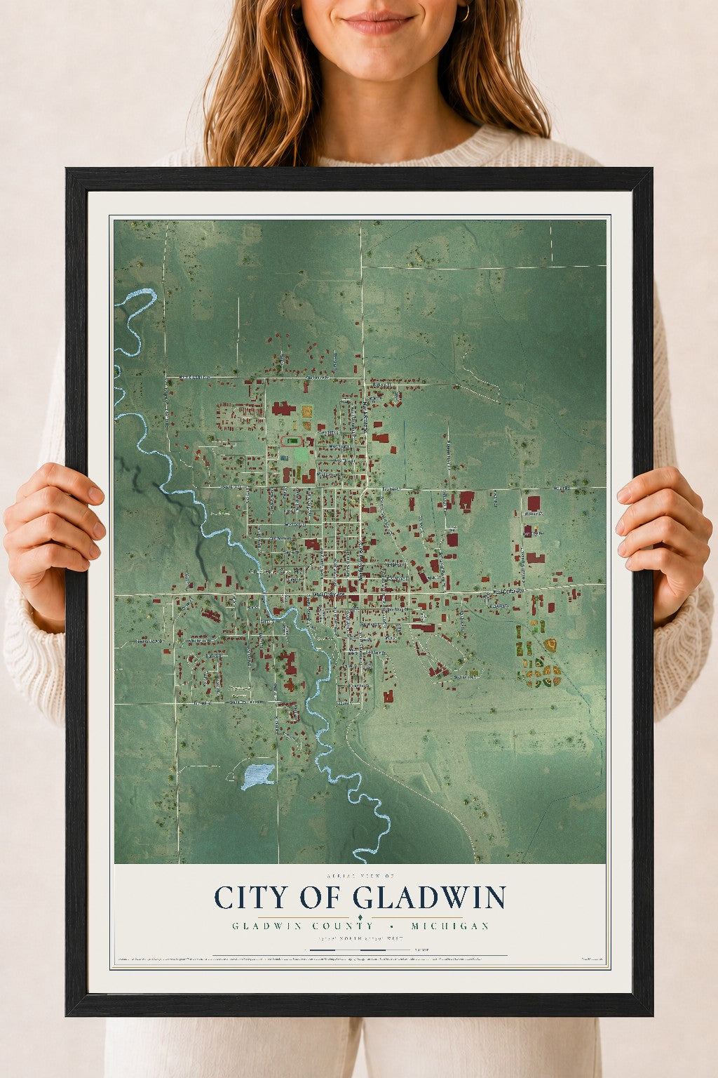 Map of Gladwin, Michigan, 18 x 24 inch print in a black wood frame