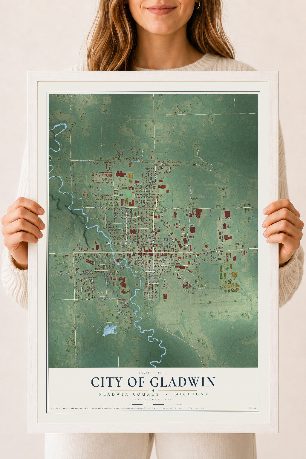 Map of Gladwin, Michigan, 18 x 24 inch print in a white wood frame