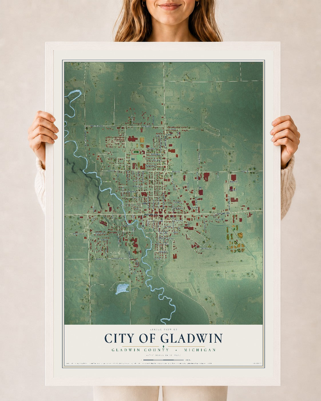 Map of Gladwin, Michigan, 24 x 36 inch print in a white wood frame