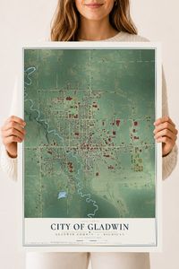 Map of Gladwin, Michigan, 18 x 24 inch unframed archival matte print