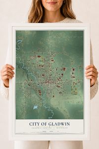 Map of Gladwin, Michigan, 18 x 24 inch print in a white wood frame
